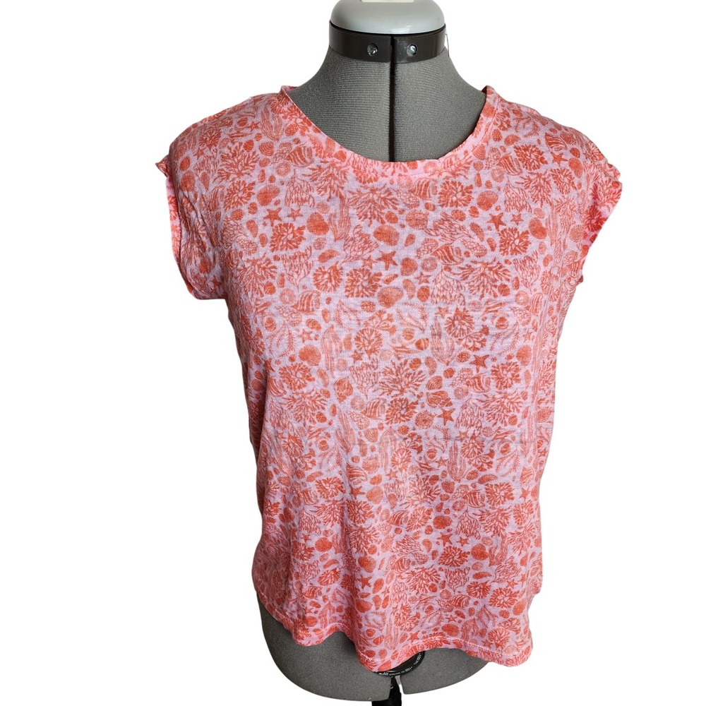 Sigrid Olsen Pink Coral Seashell Print 100% Linen Button Back Cap Sleeve Top S